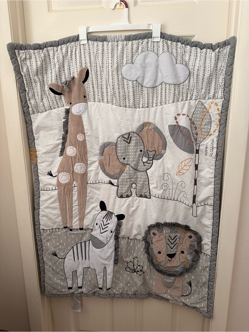 Lambs and Ivy Crib Comforter- Gray, Tan, White Jungle Safari theme. Reversible